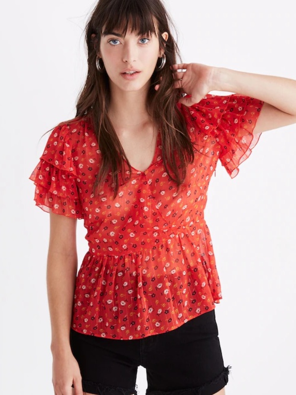 MADEWELL NWOT Metallic Prairie Posies Tiered‎ Sleeve Peplum Top